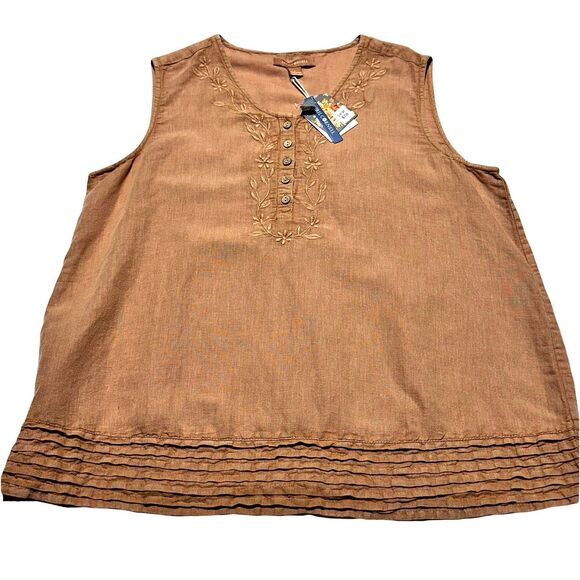 April Cornell Tops - April Cornell Linen Blend Blouse Nantucket Embroidered Tan Brown Size L NWT